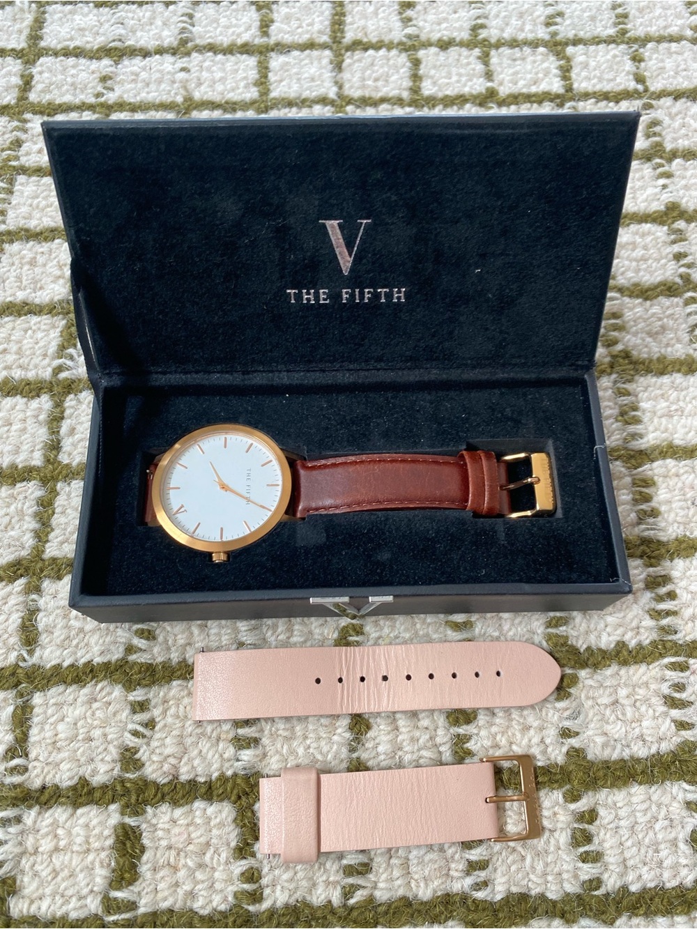 Fifth StudioBrown Leather Watch with Rose Gold Face (Interchangeable Pink Strap)